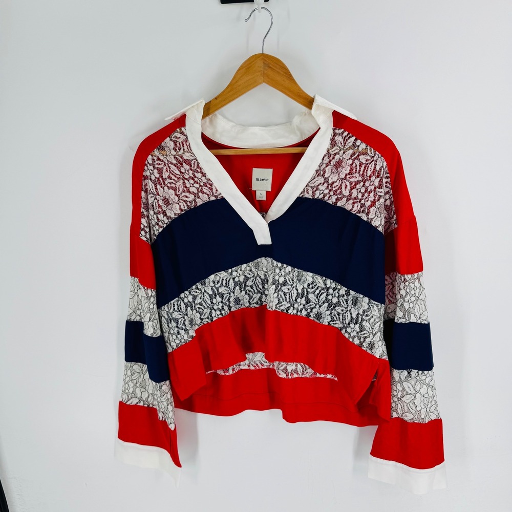 Maeve Red Navy White Lace-Trim Striped Cropped Blouse
